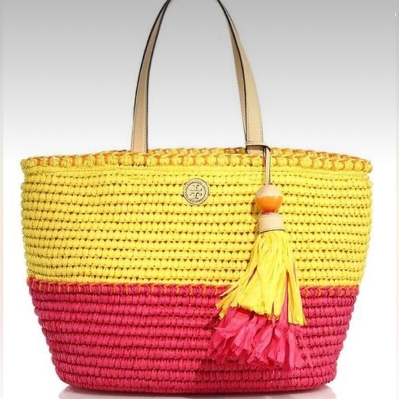Tory Burch • Pink & Yellow Straw Beach Summer Bag Tote With Tassel - Picture 3 of 16